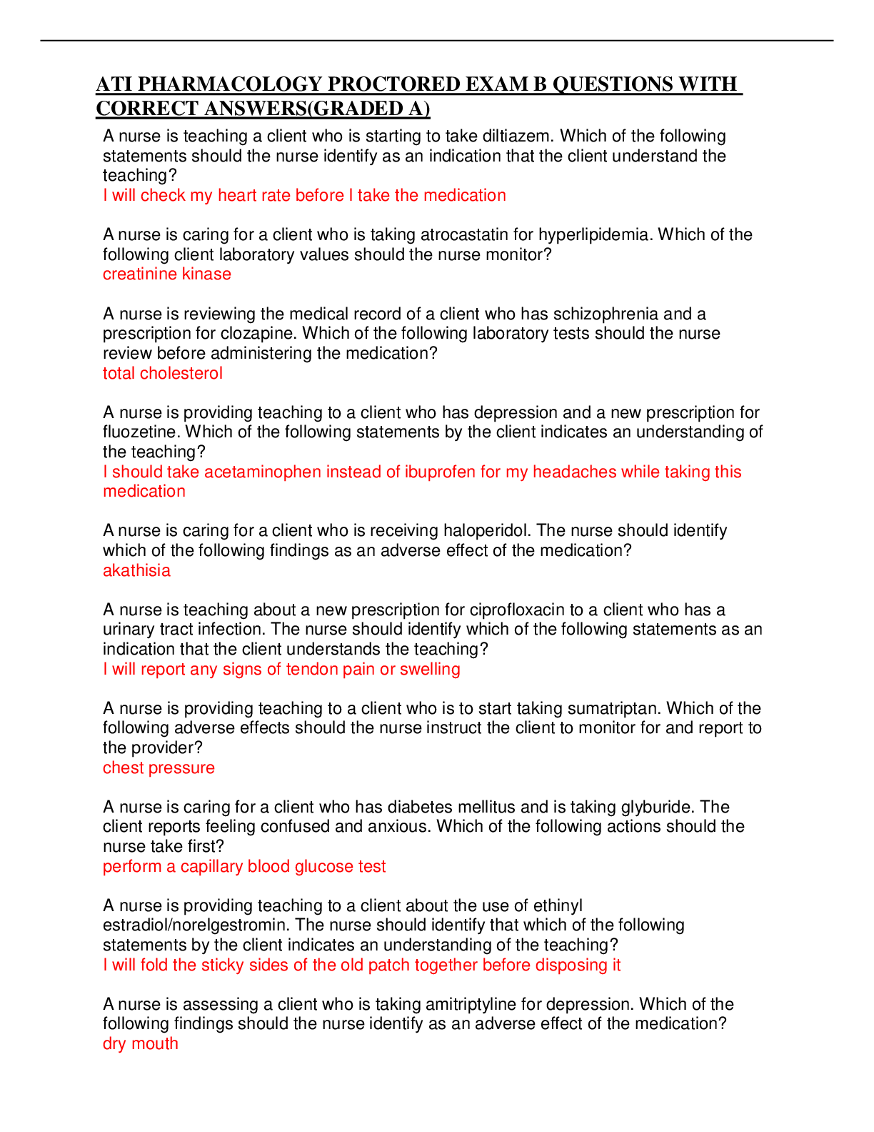 Preview image for ATI PHARMACOLOGY PROCTORED EXAM B QUESTIONS WITH CORRECT ANSWERS(GRADED A)